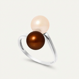Bague DUO | Or Blanc & Perles de Culture Rose & Chocolat