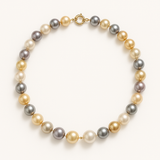 Collier en or jaune 9 carats avec perles multicolores dorées, grises et blanches 8/9 mm.