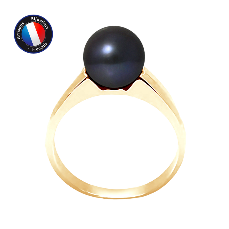 Bague- Perles de Culture- Ronde Diamètre 8-9 mm Black Tahiti- Or Jaune