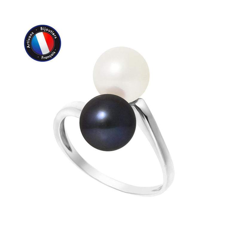 Bague DUO | Or Blanc & Perles de Culture Blanche et Black Tahiti