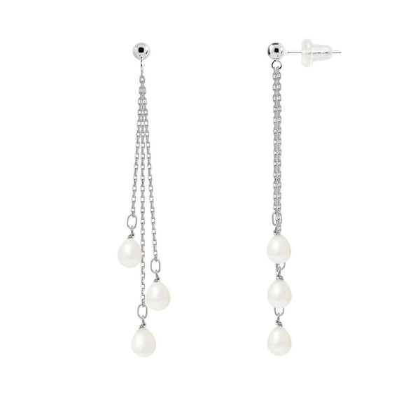 Boucles d'oreilles pendantes FAHINIA | Or Blanc & Perles de Culture Blanches