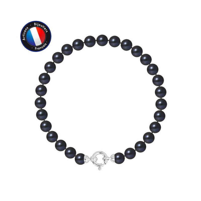 Bracelet Or Blanc & Perles de Culture Black Tahiti - 6/7mm - Fermoir Anneau Marin