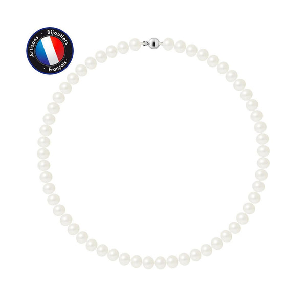 Collier en Perles d'Eau Douce Blanches 8-9 mm Semi rondes - Fermoir Boule