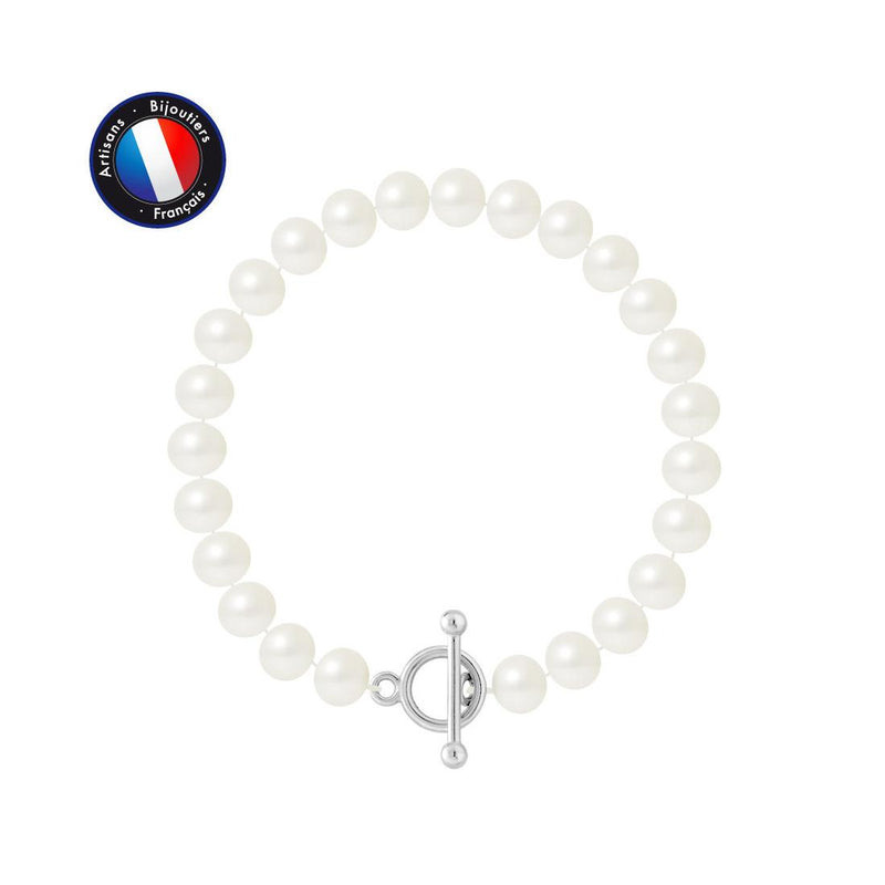 Bracelet Argent & Perles de Culture Blanches - 7/8mm - Fermoir Baton