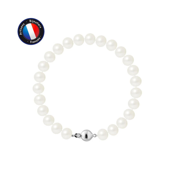 Bracelet Argent & Perles de Culture Blanches - 7/8mm - Fermoir Boule