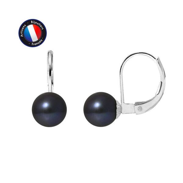 Boucle d'Oreilles - Perles de Culture d'Eau Douce Ronde 7-8 mm Black Tahiti-Or Blanc