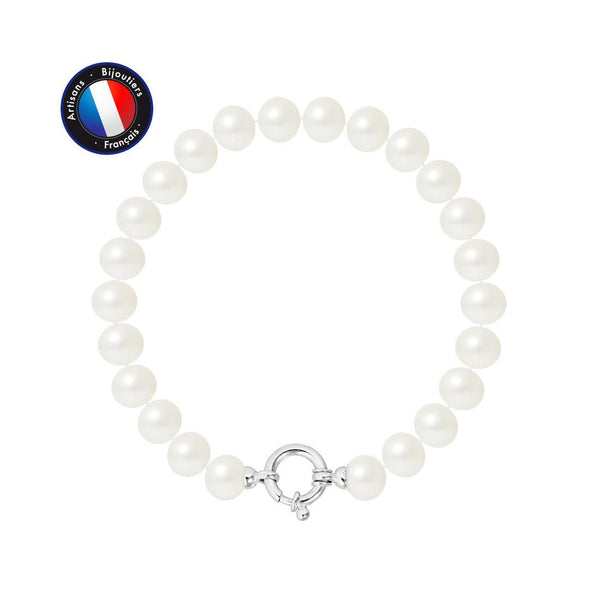 Bracelet Argent & Perles de Culture Blanches - 8/9mm - Fermoir Anneau Marin