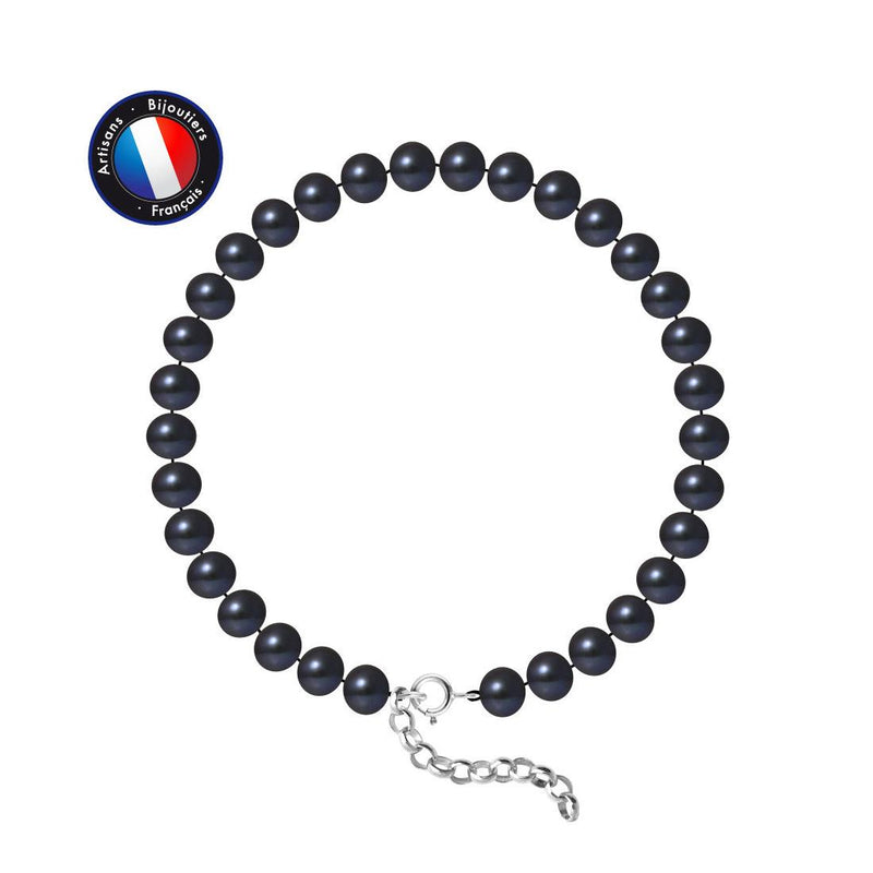 Bracelet NOELYSE | Argent & Perles Noires | 6/7 mm | Fermoir Réglable