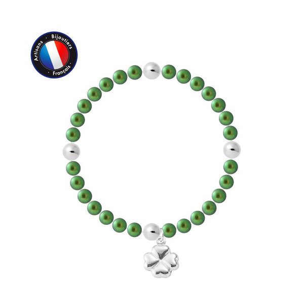 Bracelet Trêfle - Perle d'Eau Douce Verte Ronde 5-6 mm