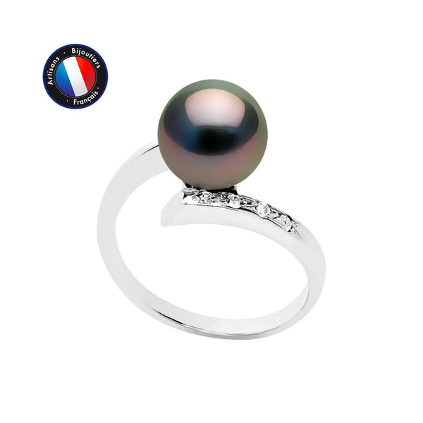 Bague- Perles de Tahiti- Ronde Diamètre 8-9 mm- Or Blanc- Diamants