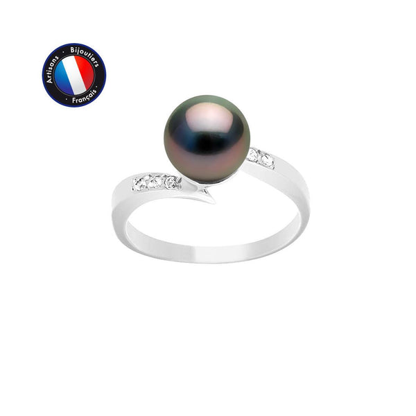 Bague- Perles de Culture de Tahiti- Ronde Diamètre 8-9 mm- Bijou Femme- Or Blanc- Diamants
