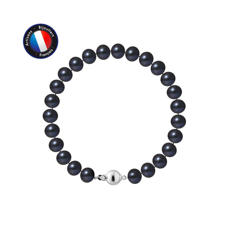 Bracelet NOELYSE | Argent & Perles Noires | 7/8 mm | Fermoir Boule