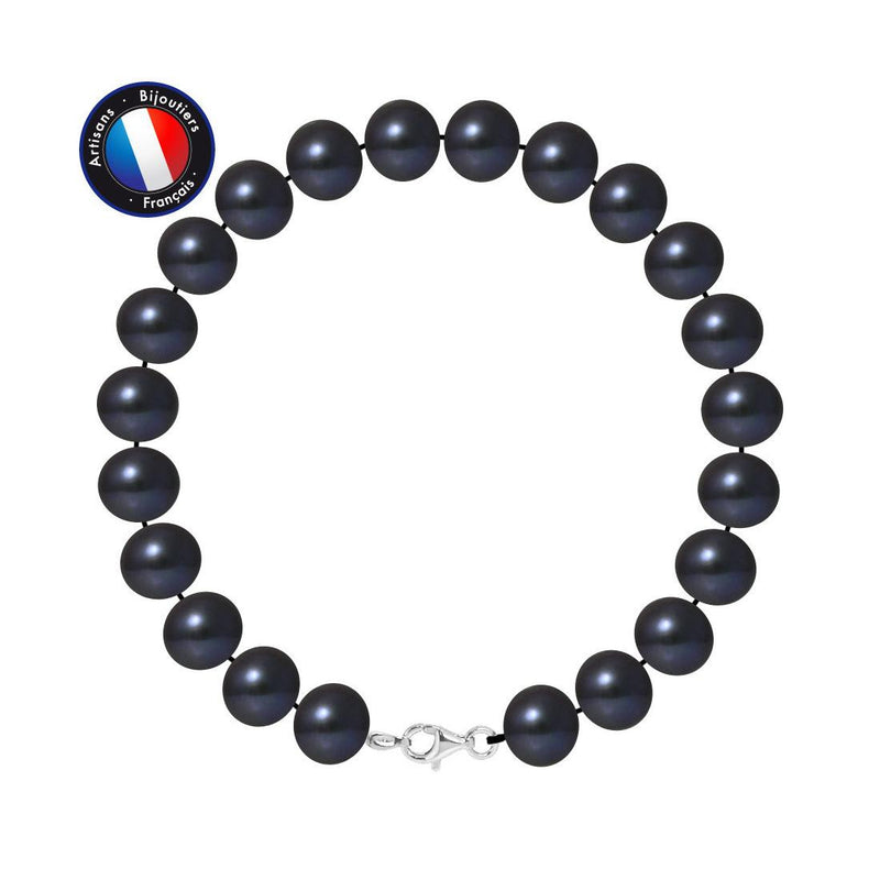 Bracelet NOELYSE | Argent & Perles Noires | 9/10 mm | Fermoir Mousqueton