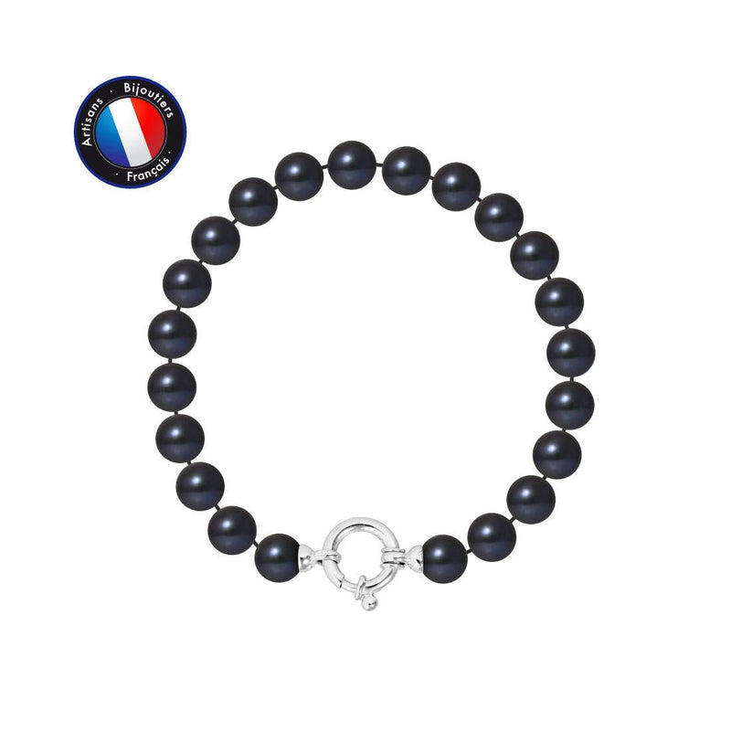 Bracelet Or Blanc & Perles de Culture Black Tahiti - 7/8mm - Fermoir Anneau Marin