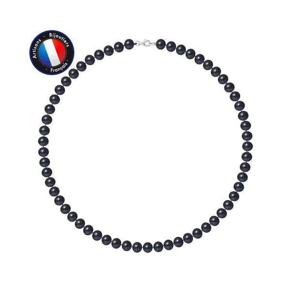 Collier NOELYSE | Argent & Perles Noires | 7/8 mm | Fermoir Mousqueton