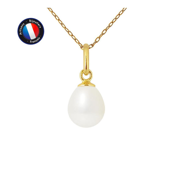 Pendentif- Perle de Culture d'Eau Douce- Bouton 7-8 mm Blanc-  Or Jaune