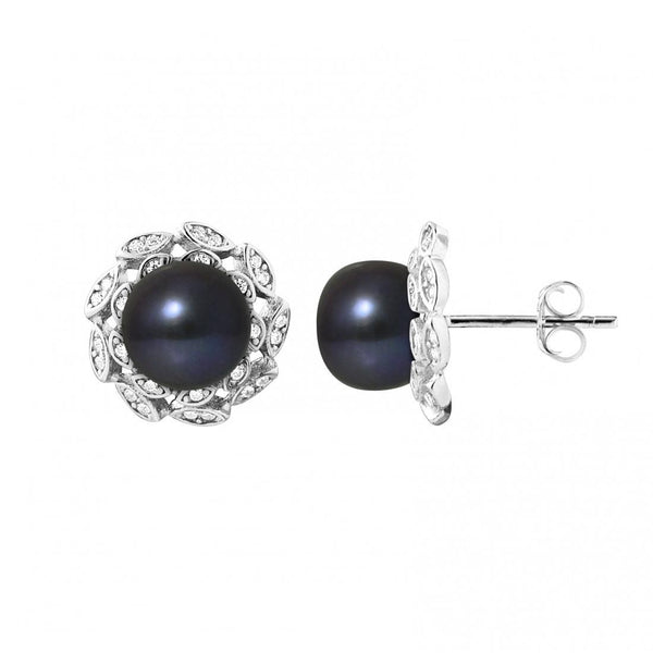 Boucles d'Oreilles- Corolle Perles de Culture d'Eau Douce  Black Tahiti- Bijou Femme- Argent 925 Millièmes