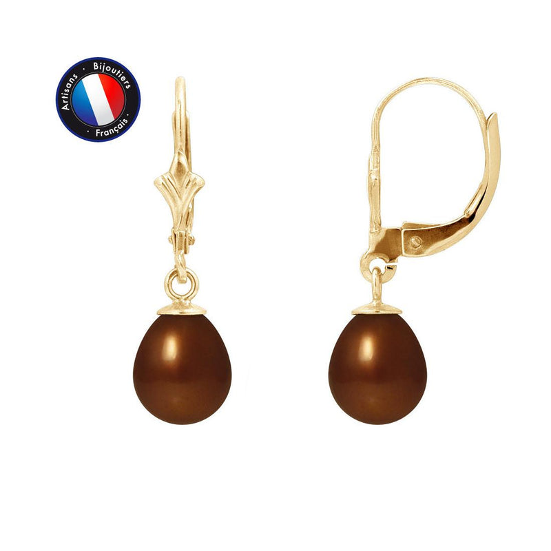Boucle d'Oreilles Or Jaune Perles de Culture d'Eau Douce- Diamètre 7-8 mm Chocolat