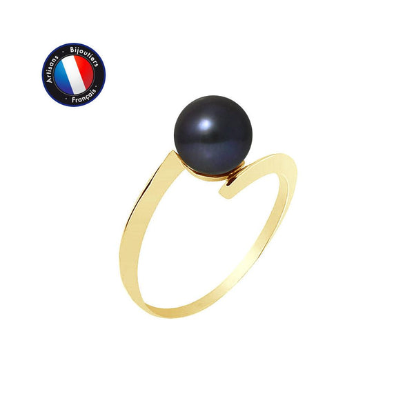 Bague- Perles de Culture d'Eau Douce- Ronde Diamètre 7-8 mm Black Tahiti- Taille 48 (EU)-  OrJaune