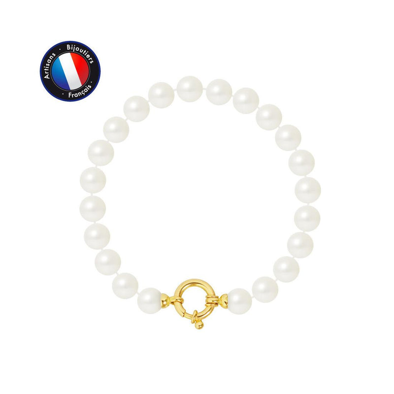 Bracelet Or Jaune & Perles de Culture Blanches - 7/8mm - Fermoir Anneau Marin