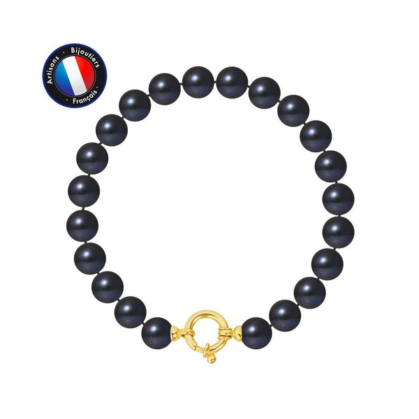 Bracelet Or Jaune & Perles de Culture Black Tahiti - 8/9mm - Fermoir Anneau Marin