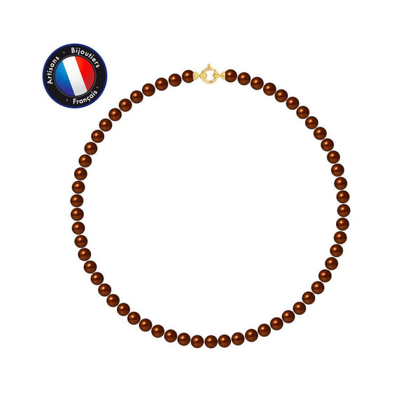 Collier- Perles de Culture d'Eau Douce Ronde 6-7  mm Chocolat-  OrJaune