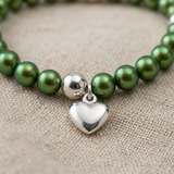 Bracelet Coeur - Perle d'Eau Douce Verte Ronde 5-6 mm