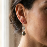 Boucles d'oreilles argent 925 trèfle avec perle noire pendante, portées à l'oreille.