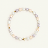 Bracelet en or jaune 9 carats et perles de culture multicolores blanches, roses et mauves.