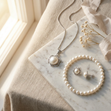 Parure collier, bracelet et boucles d'oreilles à perles blanches en argent sur marbre.