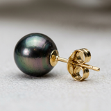 Puces d'oreilles en or jaune 9 carats avec perle de Tahiti noire irisée, vue de côté avec fermoir papillon.