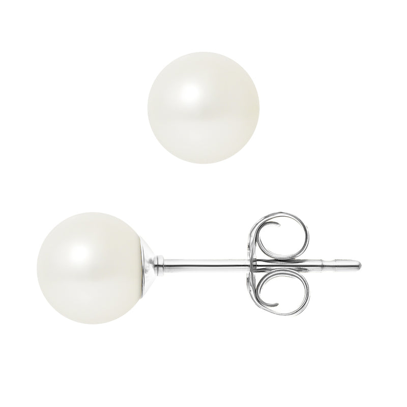 Boucles d'Oreilles- Perles de Culture d'Eau Douce Ronde 6-7  mm Blanc- Bijou Femme