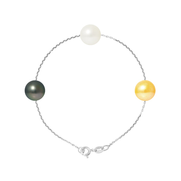 Bracelet Argent Perles de Culture de Tahiti et Perle d'Eau Douce Blanc / Or- Diamètre 9-10 mm
