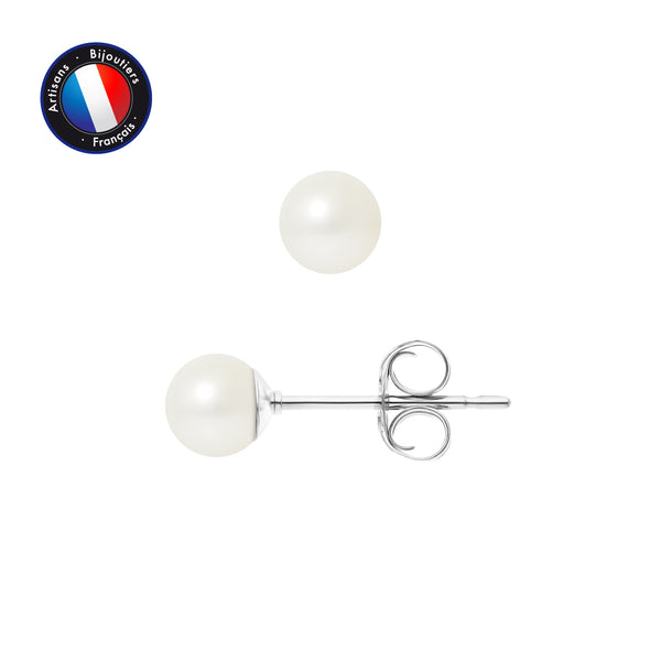 Boucle d'Oreilles- Perles de Culture d'Eau Douce Ronde 5-6 mm Blanc- Or Blanc