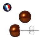 Boucle d'Oreilles- Perles de Culture d'Eau Douce Bouton 8-9 mm Chocolat- Or Blanc