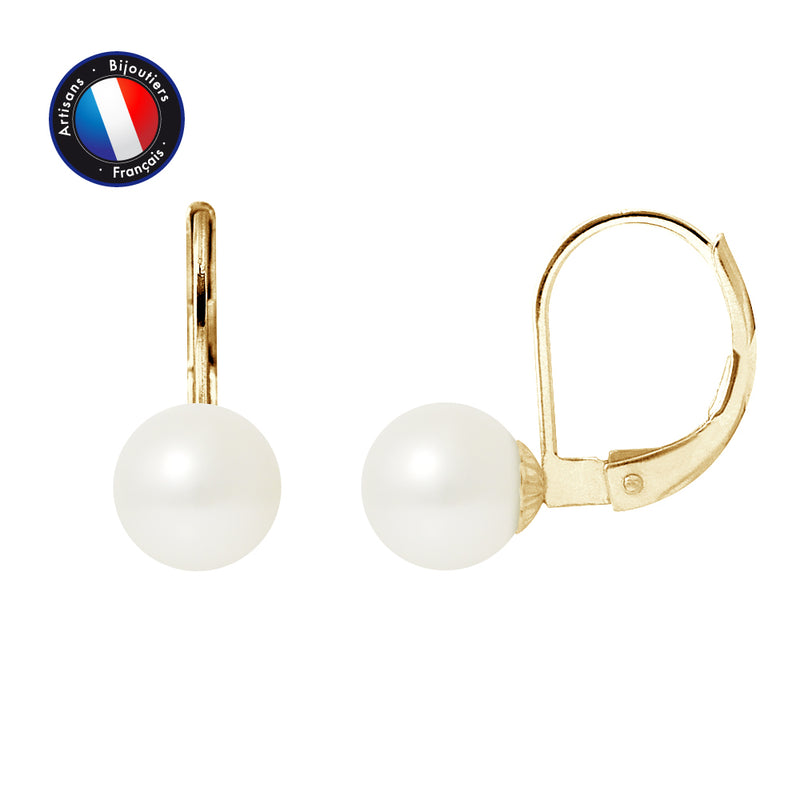 Boucle d'Oreilles - Perles de Culture d'Eau Douce Ronde 7-8 mm Blanc- Bijou Femme- OrJaune