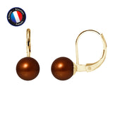 Boucle d'Oreilles Or Jaune Perles de Culture d'Eau Douce Ronde 7-8 mm Chocolat