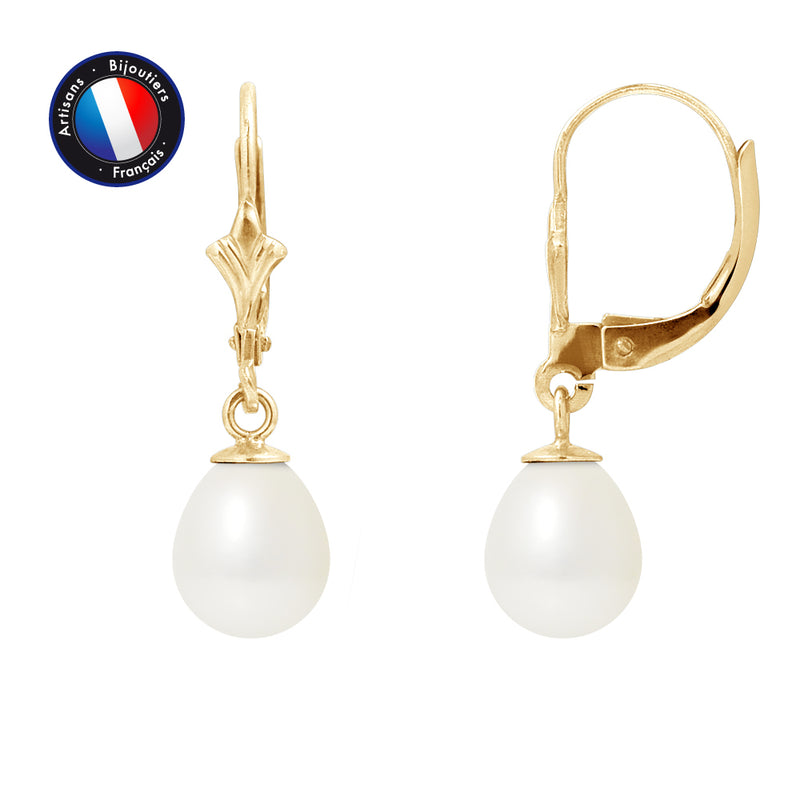 Boucle d'Oreilles - Perles de Culture d'Eau Douce- Diamètre 7-8 mm Blanc-OrJaune