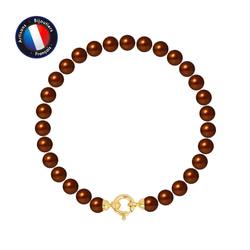 Bracelet - Perles de Culutre Ronde 6-7  mm Chocolat- OrJaune