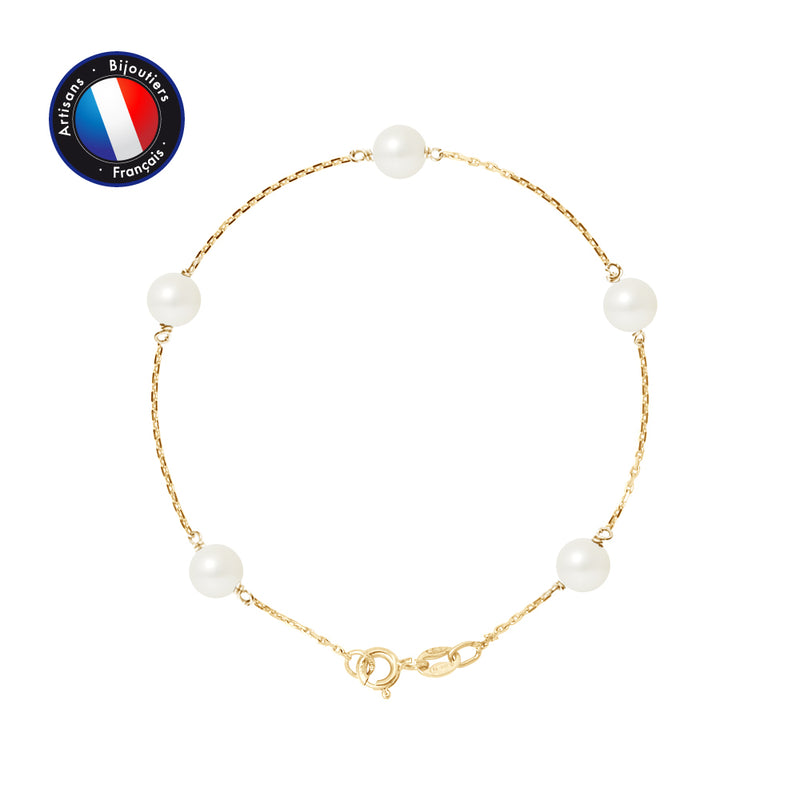 Bracelet- Perle de Culture- Ronde 6-7 mm Blanc- Or Jaune