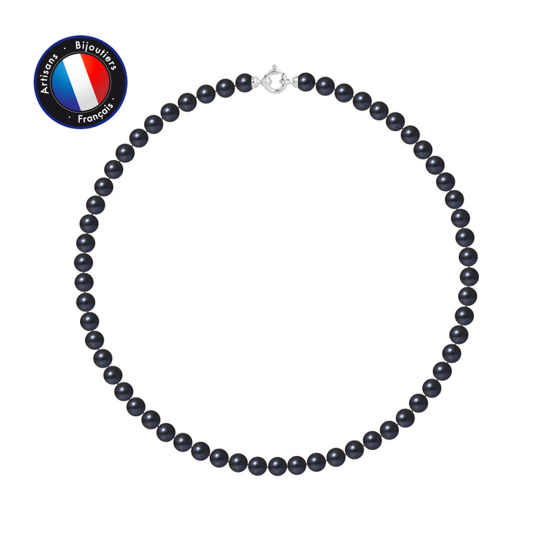 Collier- Perles de Culture d'Eau Douce Ronde 6-7  mm Black Tahiti- Bijou Femme- Or Blanc