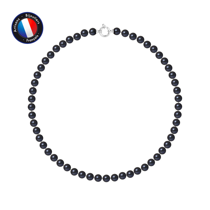 Collier- Perles de Culture d'Eau Douce Ronde 7-8 mm Black Tahiti- Bijou Femme- Or Blanc
