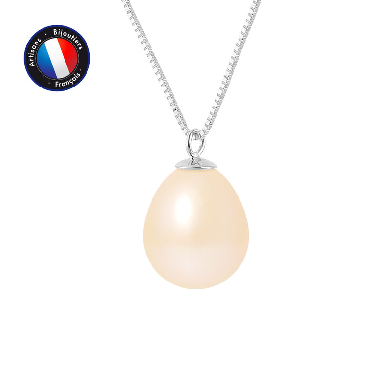 Collier Or Blanc Perles de Culutre- Diamètre 9-10 mm Rose