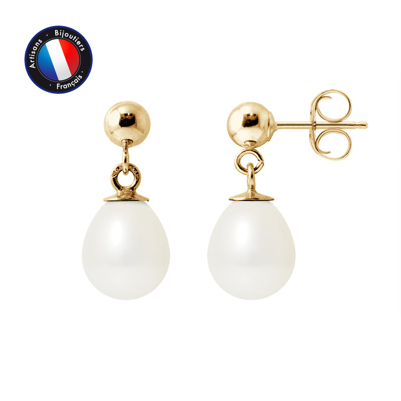 Boucle d'Oreilles- Perles de Culture d'Eau Douce- Diamètre 7-8 mm Blanc- Bijou Femme- OrJaune