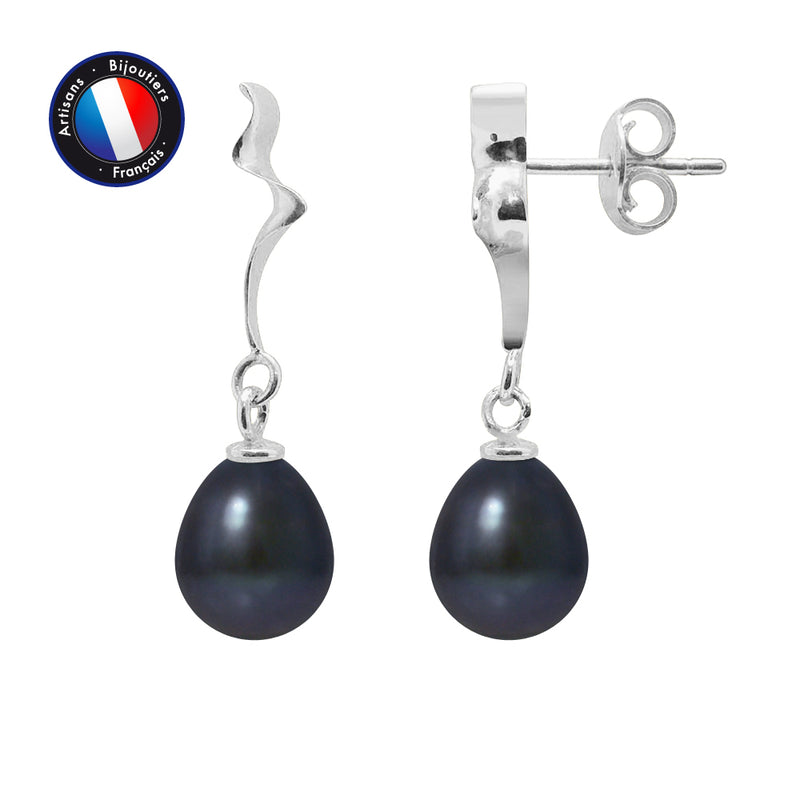 Boucle d'Oreilles- Perle de Culture- Poire 8-9 mm Black Tahiti- Or Blanc