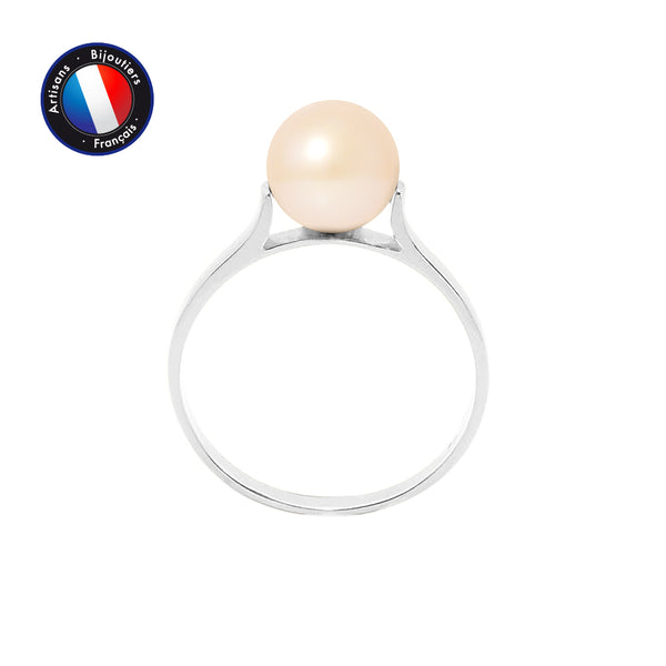 Bague- Perles de Culture d'Eau Douce- Ronde Diamètre 7-8 mm Rose- Taille 48 (EU)- Or Blanc