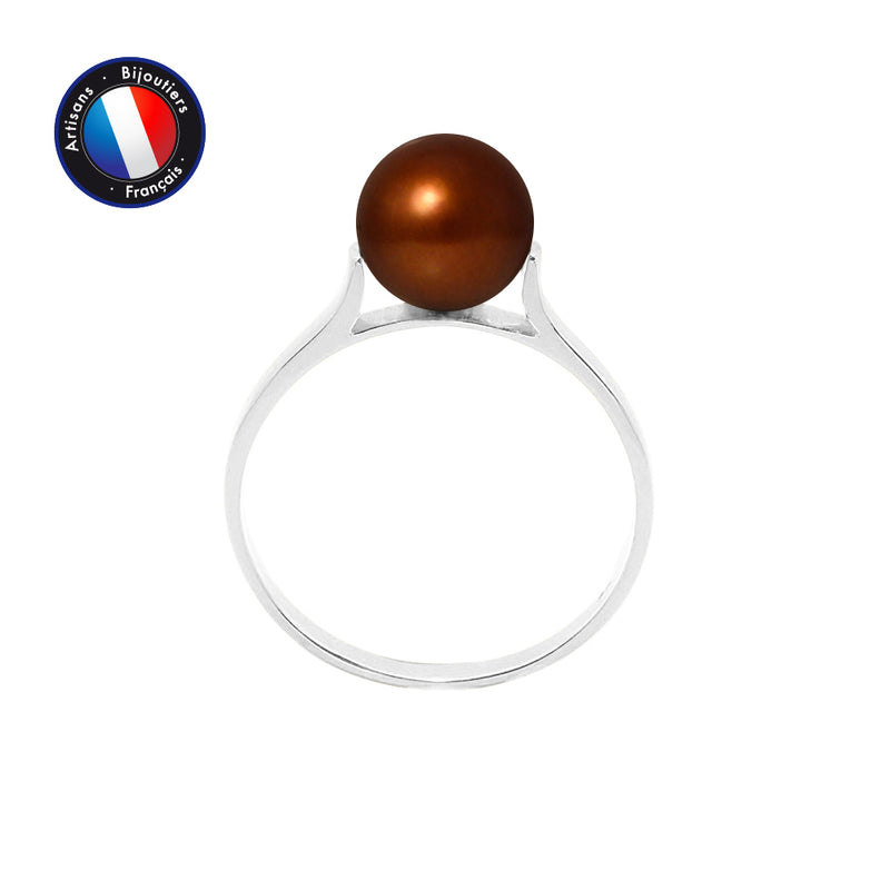 Bague- Perles de Culture d'Eau Douce- Ronde Diamètre 7-8 mm Chocolat- Taille 48 (EU)- Or Blanc