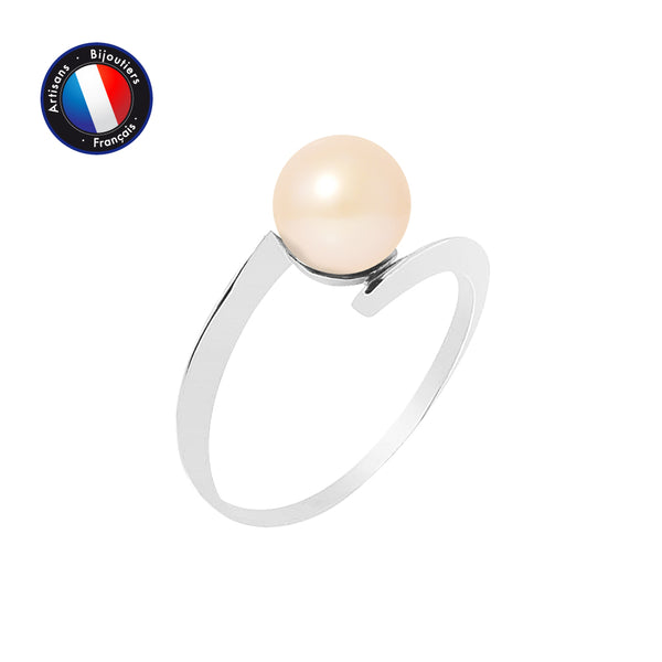 Bague- Perles de Culture d'Eau Douce- Ronde Diamètre 7-8 mm Rose- Taille 48 (EU)-  Or Blanc