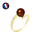 Bague- Perles de Culture d'Eau Douce- Ronde Diamètre 7-8 mm Chocolat- Taille 48 (EU)- OrJaune