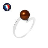 Bague- Perles de Culture d'Eau Douce- Ronde Diamètre 7-8 mm Chocolat- Taille 48 (EU)- Or Blanc